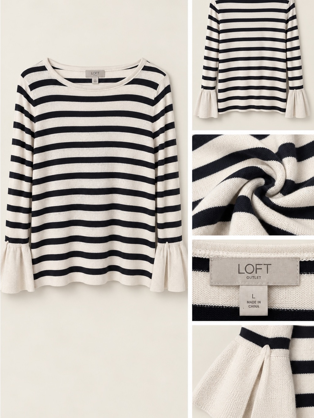 LOFT Black and White Striped Ruffle-Sleeve Knit Top